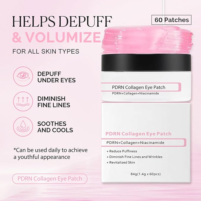 60 Pcs PDRN Collagen Eye Patches, Cooling Under Eye Patches for Puffy Eyes, Dark Circles, Fine Lines & Anti Wrinkle, with Niacinamide Hydra-Gel Collagen, Mothers Day Gifts