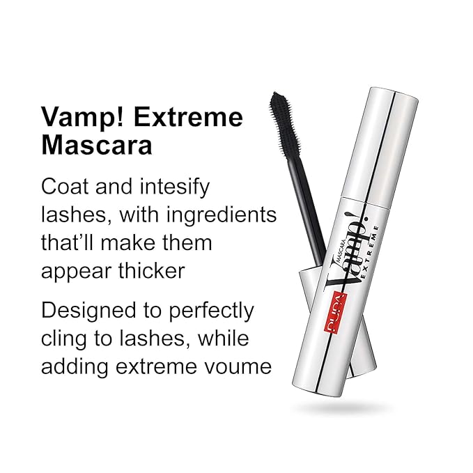 PUPA Milano Vamp Extreme Waterproof Mascara for Women - Volumizing & Lengthening For Sensitive Eyes - Defining,Curling Lifted Eyelashes Length - Long Lasting Smudge Proof Makeup - 10 Black -0.40 Fl Oz