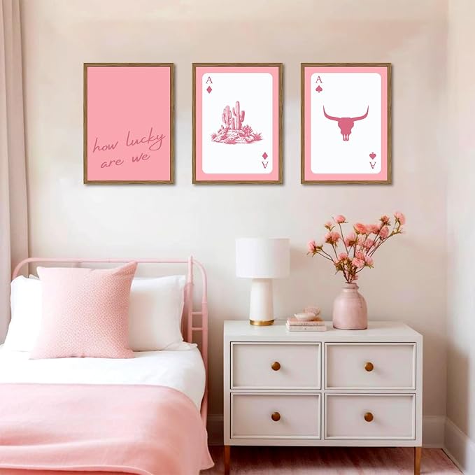 Pink Western Wall Art, How Lucky are We Wall Decor Picture Southwestern Cowgirl Playing Card Poster Canvas Print Bull Skull Painting Artwork for Bedroom Living Room 12x16 inch Wood Framed