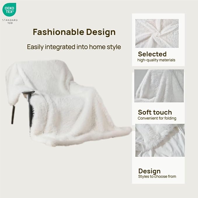 Luxury Fluffy Faux Fur Throw Blanket, Thick Silky Fuzzy Cozy Blanket, Plush Blankets for Couch, Sofa, Chair, Bed - Ivory White, 50x60 Inches