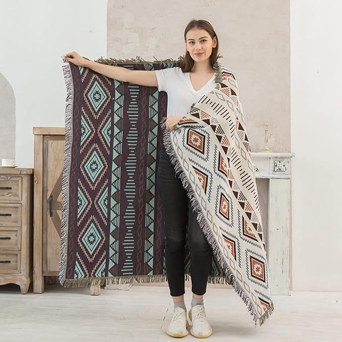 Lqprom Aztec Southwestern Throw Blanket,Native American Cover 63"x87" | Southwest Boho Style,Sofa Chair Cover,Outdoor Beach Car Tent Travel Camping Use,Reversible and lightweight,Tapestry,Tassels