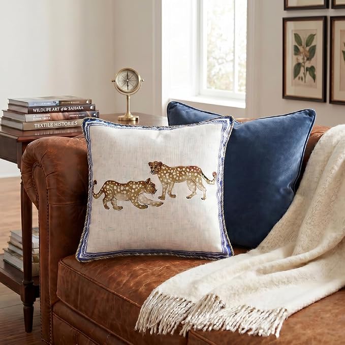 patdrea Designer French Vintage Linen Throw Pillow Cover,18"x18"-Fromm E | Elegant Decorative Pillow Case with Zipper,Leopard Pattern,Pillow Cover for Couch Living Room Bedroom Sofa