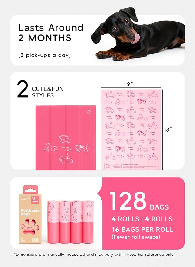 Dog Poop Bags, 128 Count, Baby Powder Scented, Pink | Baby Powder Scented, Extra Thick, 60% Recycled Plastic, Easy-Peel Sticker, 16 Bags Per Roll, Dual Pink Designs