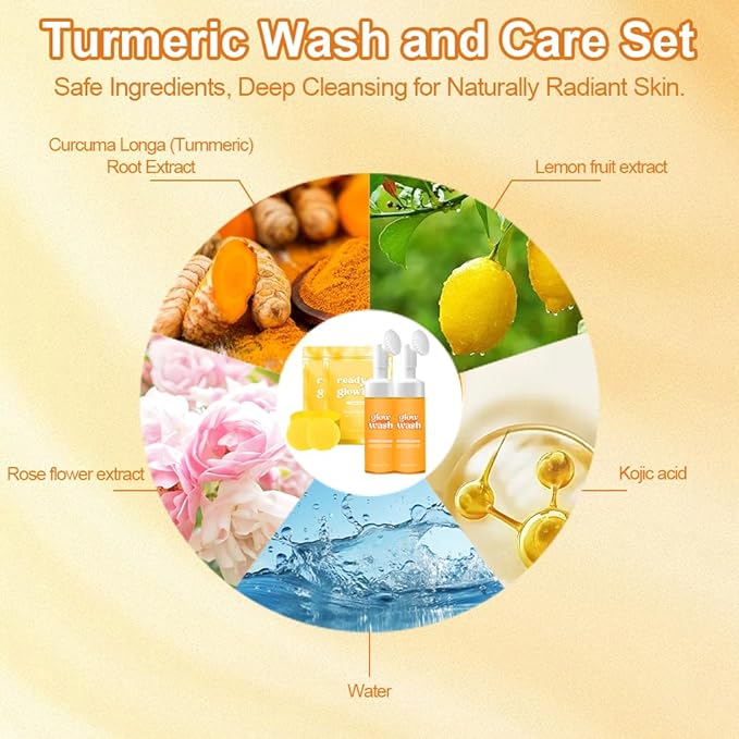2PCS Turmeric Wash and Care, Turmeric Facial Wash and 60PCS Face Cleansing Pads, Cleansing Exfoliating Pads for Face & Body Natural Skincare