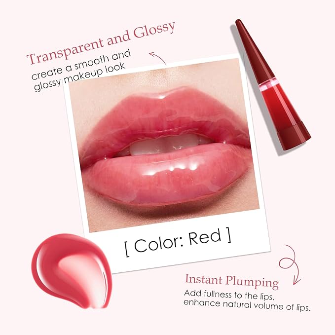 Lip Plumper, Extreme Plumping Lip Fuller, Hydrating and Transparent Lips Balm, Volumizing formula, Youthful Fuller Gloss, Smoother Lips and High Glossy, Non-Sticky - Red, 0.21 Fl Oz
