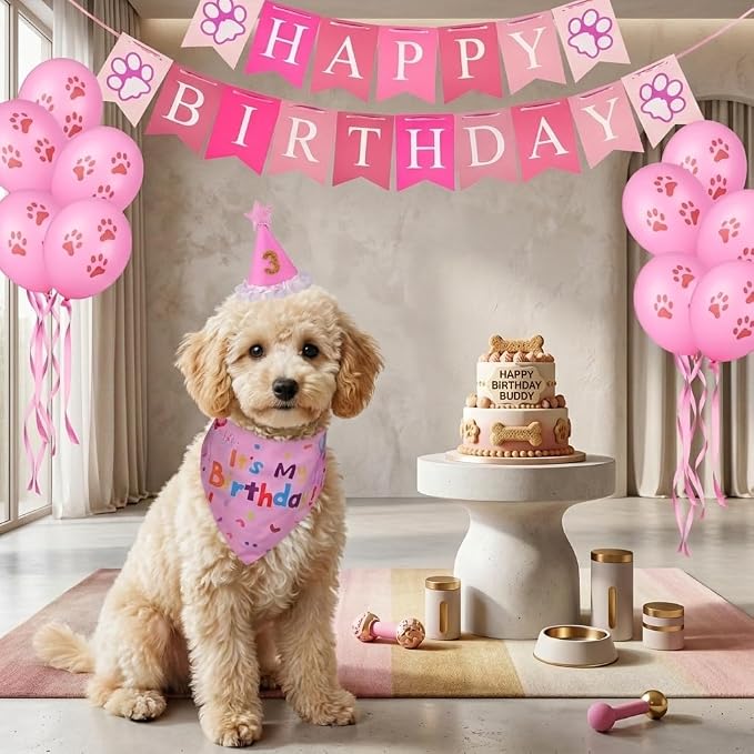 Dog Birthday Party Supplies,Dog Birthday Bandana Set, Numbers,Flag,Balloon | Dog Birthday Hat,Boy Girl Birthday Party,for Large Medium Small Dogs Pet (Pink)