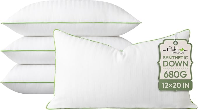 Ashler Home Deco Synthetic Down Pillow Inserts, 12x20 Down Alternative Throw Pillows Insert Sleeping Pillows with 100% Cotton Cover Decorative Pillow Stuffer for Sofa, Couch Bed(Set of 4, White)