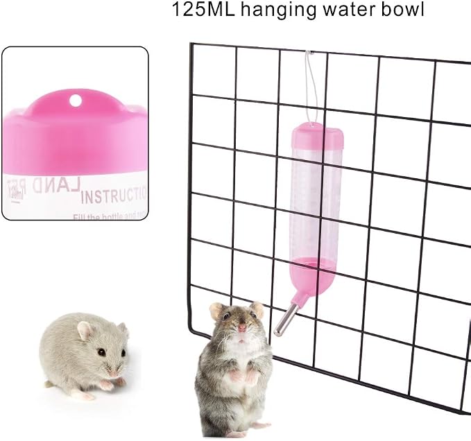 Guardians Hamster Water Bottle, Little Pet Automatic Drinking Bottle with Food Container Base Hut Hanging Water Feeding Bottles Auto Dispenser for Small Animals (125ml,Pink)