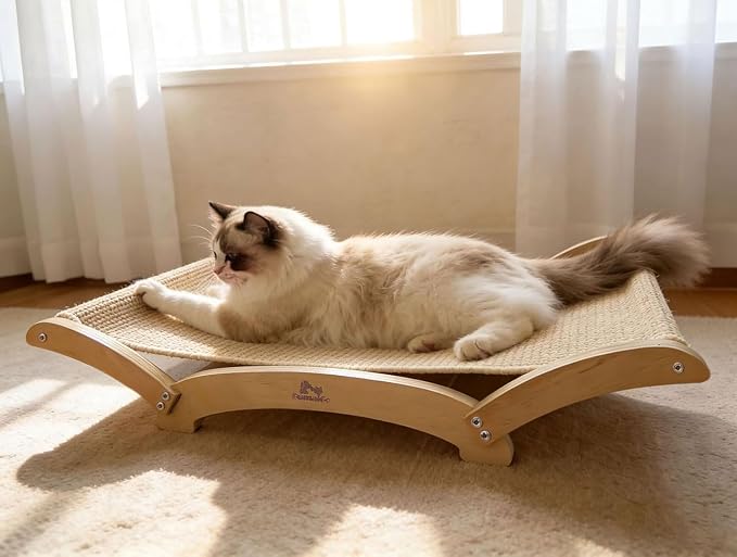 Extra-Large Sisal Cat Scratcher Bed for Indoor Cats, Cat Scratching Post with Hammock Nartural Sisal Scratch Pad for Large Cats Scratcher Lounge Chair, Wooden Cat Furniture (Light Nartural)