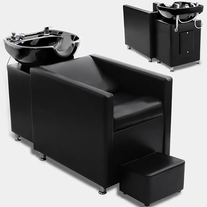 Backwash Shampoo Station Chair, Shampoo Bowl and Chair Set for Salon, Hair Washing Station for Hair Stylist, Backwash Chair with Ceramic Bowl, Sink Chair Station for Barbershop