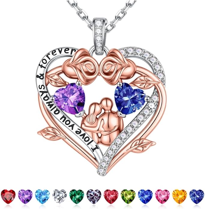 Iefil Valentines Gifts for Her Wife - 925 Sterling Silver Double Heart Birthstone Necklace, Anniversary Birthday Gifts for Women Wife Girlfriend