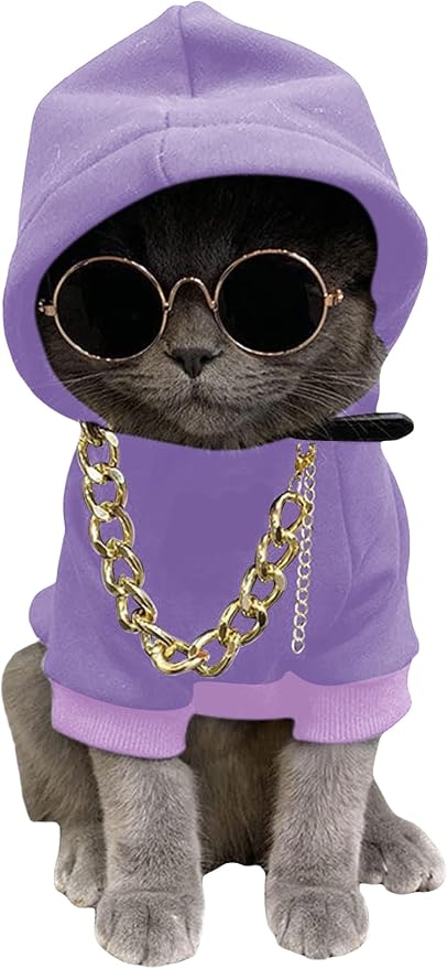 3Pcs Dog Hoodie Cat Apparel Dog Custume Set with Necklace and Sunglasses Pet Clothes for Puppy Small Medium Dogs Cats Mauve Purple X-Small