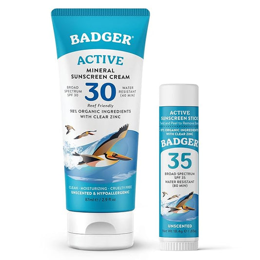 Badger Mineral Sunscreen Combo, SPF 30 Cream & SPF 35 Face Stick, Organic Ingredient with Mineral Zinc Oxide, Unscented Reef Safe Sunscreen Set, Broad Spectrum, Water Resistant, 2-Count