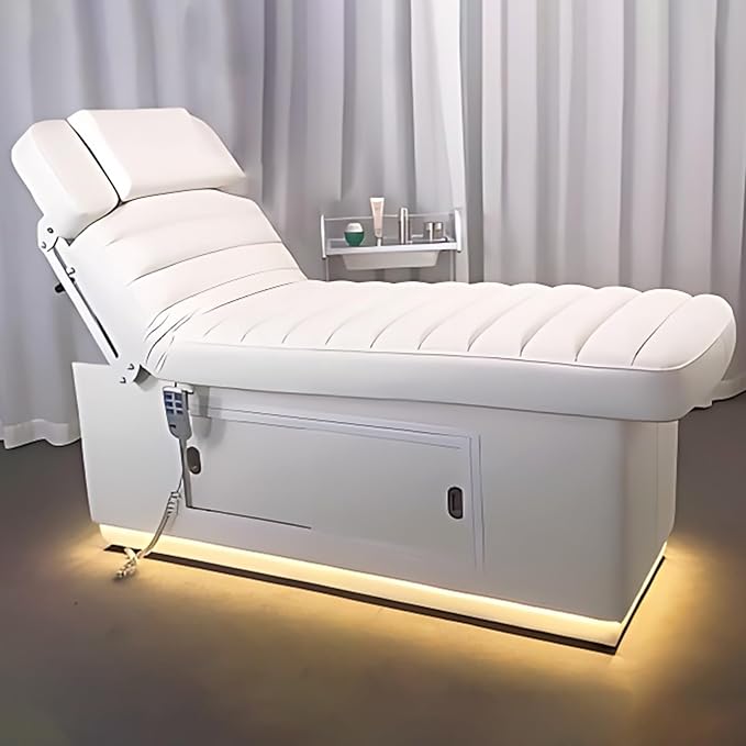 Massage Table - Electric Massage Table with White Ambient Light Design, Treatment Bed Includes Smart Adjustment, Ample Storage Space, Breathing Hole (White)