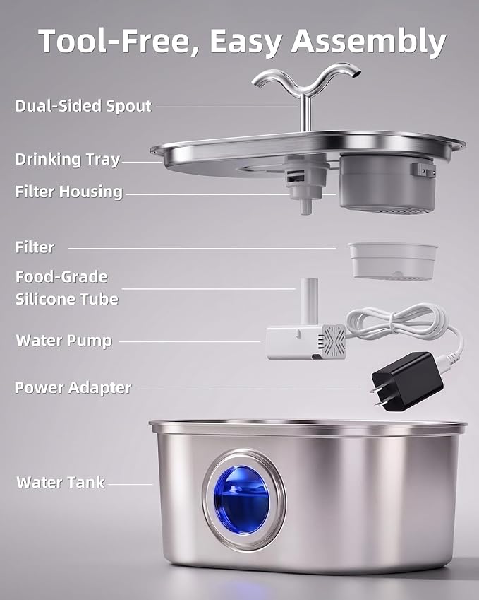 3.2L/108oz Stainless Steel Cat Water Fountain Pet Fountain | Automatic Pet Water Dispenser - Self-Designed Filtration System - Ultra-Quiet Pump - Easy Cleaning & Maintenance (3 Filters)