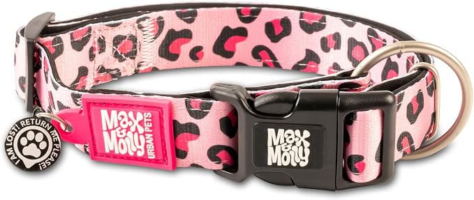 Max & Molly Urban Pets Smart ID Dog Collar - Soft Neoprene, Waterproof, Machine Washable, Power Buckle, Gotcha! QR Tag & Custom App Profile, Leopard Pink S