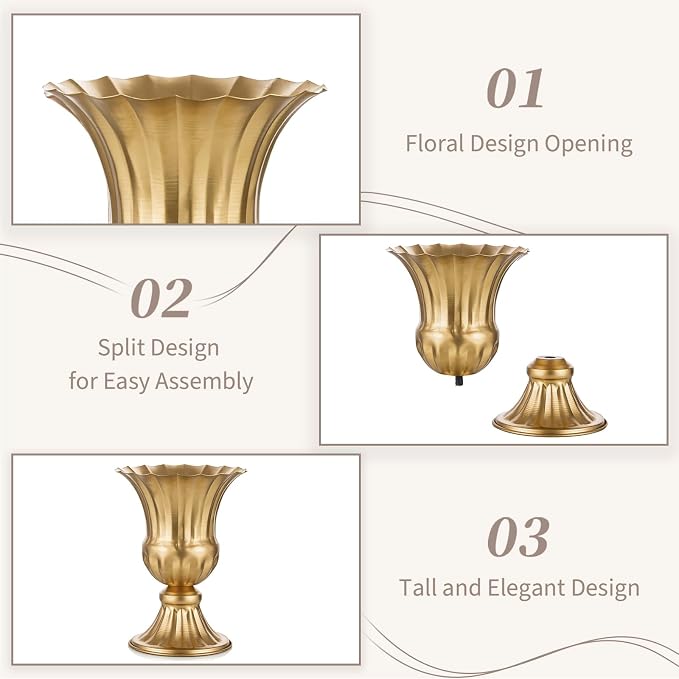 Sziqiqi Gold Metal Vase for Centerpiece, Table Flower Arrangements, 10Pcs | 9in Tall Compote Vase, Trumpet Urn Vase for Decoration, Planter Pot for Artificial Flower, For Reception, Home, Party Decor