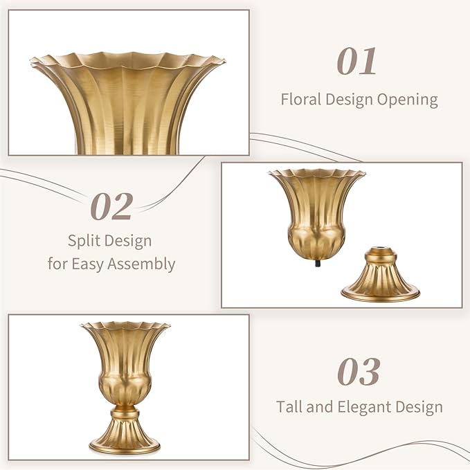 Sziqiqi Gold Metal Compote Vase, Urn Vases for Table Centerpiece, 2Pcs | 6.3in Tall, Golden Vintage Flower Arrangement for Wedding, Pedestal Bowl Planter Pot For Reception, Home, Party Decor