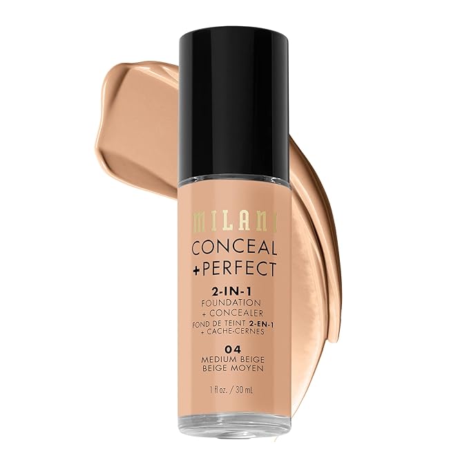 Milani Conceal + Perfect 2-in-1 Foundation + Concealer for a Flawless Complexion, Under Eye Corrector, Cover Redness and Imperfections, Waterproof and Sweatproof - Medium Beige