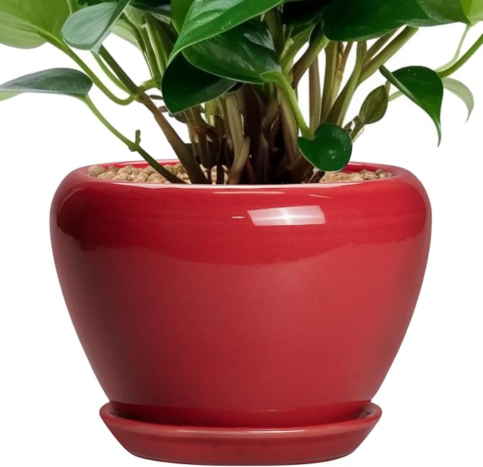 Ceramicfor 6 Inch Plant Pot - Glaze Modern Ceramic Planter for Indoor Plants, Succulent Pot with Drainage Hole and Saucer, Office Garden Home Decor, Housewarming Gift, Red