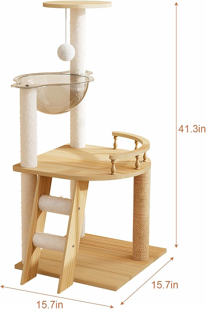 Cat Tree & Litter Box Enclosure,Modern All-in-one Indoor Cats Tower with Large Platform, Cat Condo with Wood House, Food Station, Hammocks (41.3”)