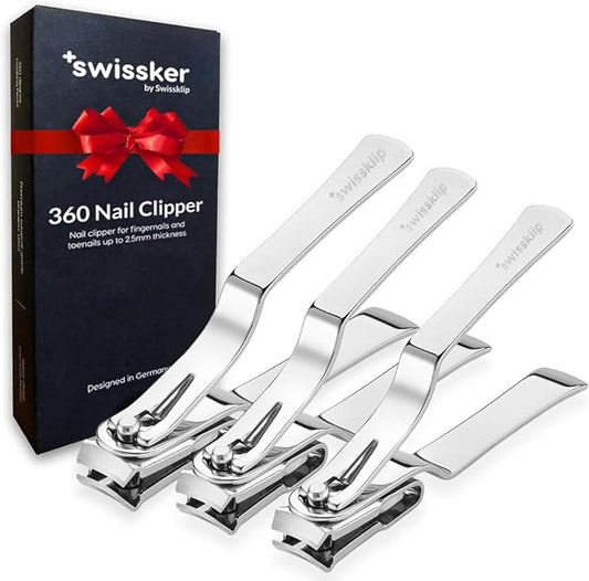 Swissker by Swissklip Nail Clippers for Men & Women I Finger Nail Clippers for Adult with 360 Degree Rotating Head I Fingernail Clippers for Women I Surgical-Grade Stainless Steel Material (3 Pack)