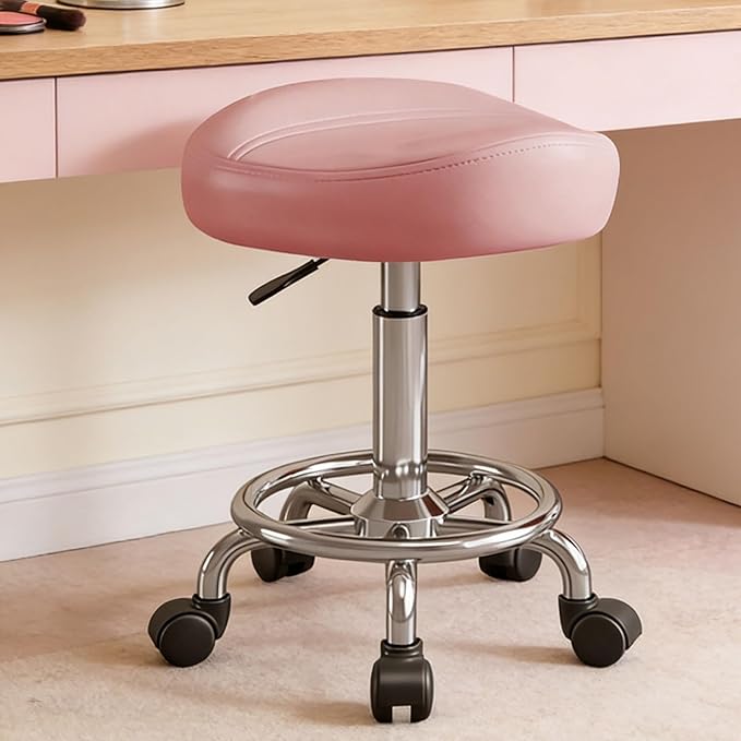 Saddle Stool, Adjustable Height Ergonomic Swivel Chair with Wheels, PU Leather Saddle Seat with Ring Pedal for Salon, Massage, Clinic, Lab, and Office