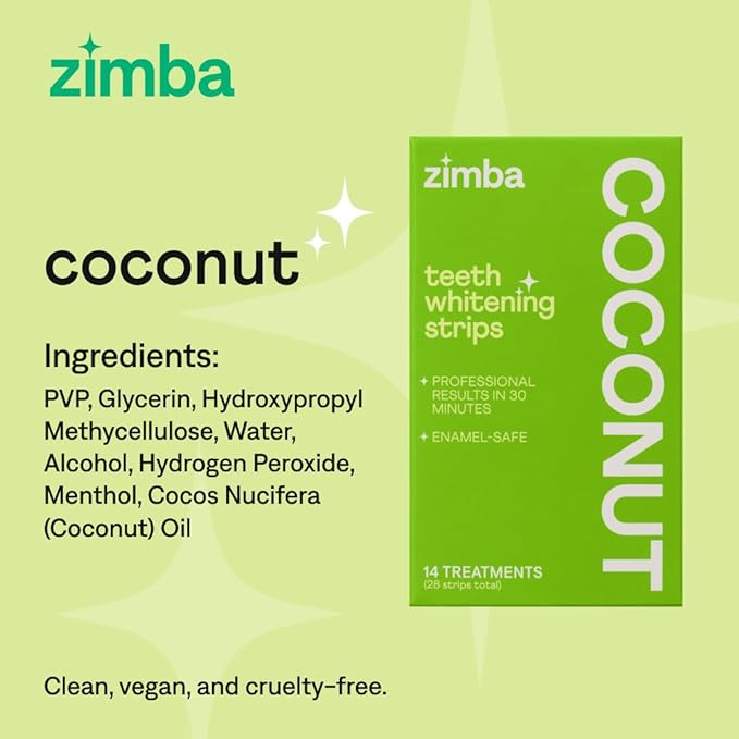 Zimba Coconut Flavored Teeth Whitening Strips | Vegan, Enamel Safe Hydrogen Peroxide Teeth Whitener for Coffee, Wine, Tobacco, and Other Stains | 14 Day Treatment | Coconut