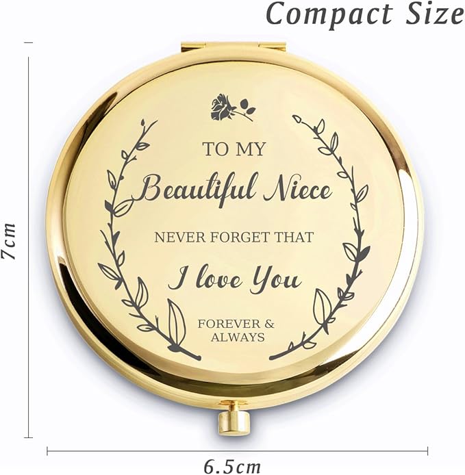 Niece Gifts from Aunt Uncle, Personalized Gift for Niece, Custom Compact Mirror, Goodie Bag & Basket Stuffers for Valentines Day, Mothers Day, Graduation, Birthday, Wedding