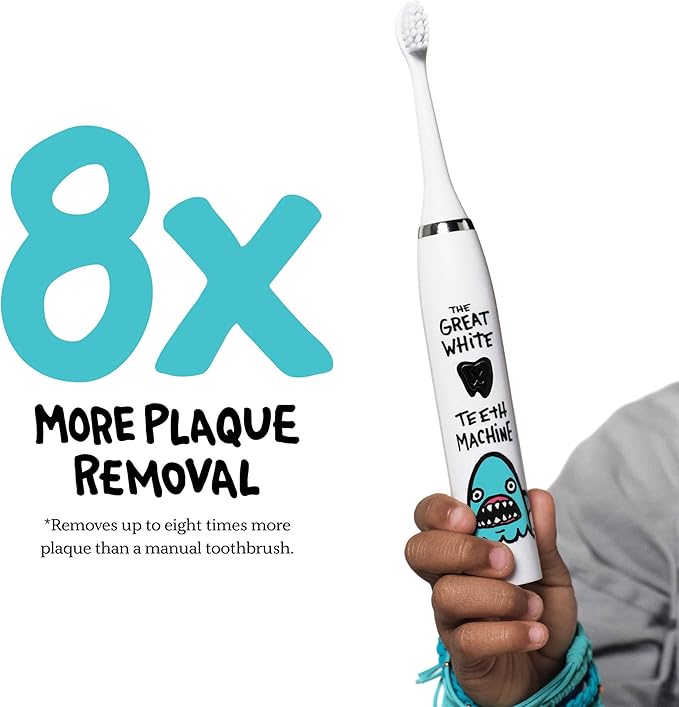 Made by Dentists Kids Electric Toothbrush - Rechargeable Vibrating Toothbrush with Timer, Includes 6 Replacement Heads, Gently Cleans Teeth, Kid & Toddlers Age 2+, Shark