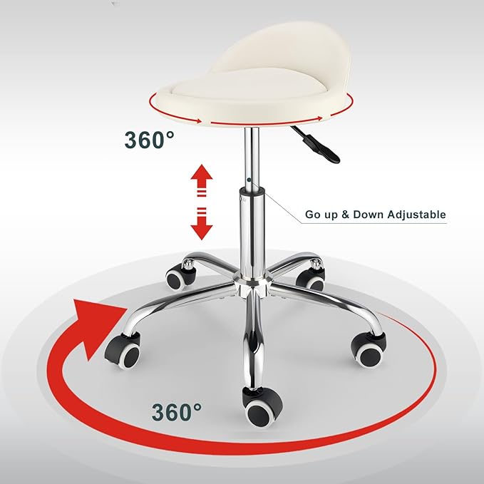 Swivel Rolling Stool with Wheels Height Adjustable Stool Chair Drafting Chair with Backrest Stable Base Foot White