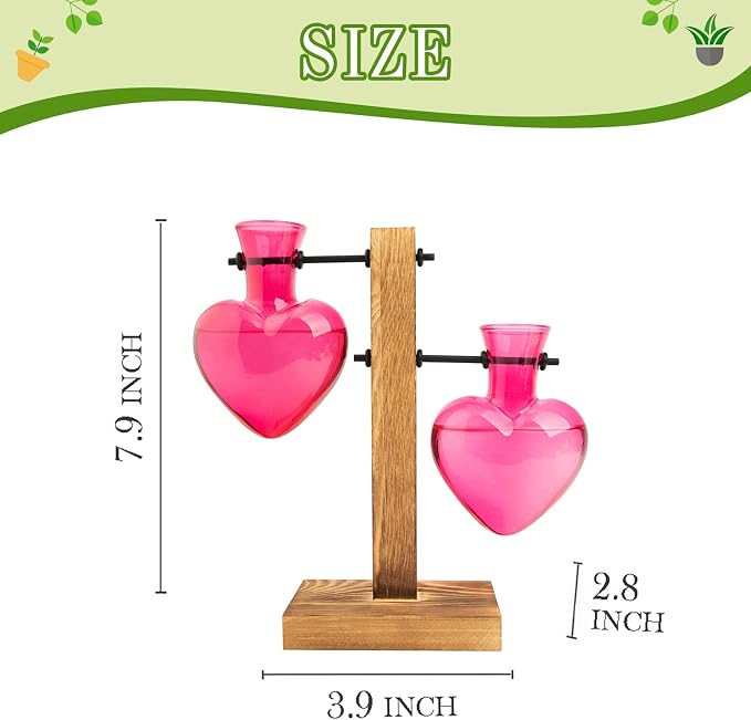 XXXFLOWER Plant Propagation Station Terrarium 2 Pink Heart Shaped Vase | Terrarium Kit Bulb Glass Metal Desk Plant Holder, Retro Air Plants Water Plants, Home Office Decoration