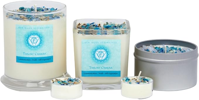 Throat Chakra Candle by New Moon Beginnings - Chakra Candles - Dried Flower, Herb, & Crystal Candles - Aromatherapy Candles - Soy Candle - 12oz Glass Jar
