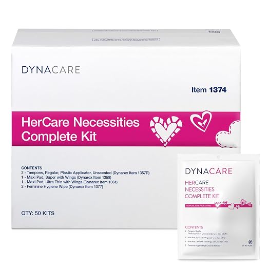 Dynarex HerCare Necessities Menstrual Kits - 50 Count Period Kits with 2 Tampons, 2 Maxi Pads, 2 Feminine Hygiene Wipes - Travel Essentials for Women & Teens