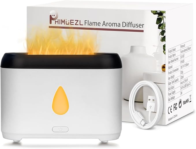 Flame Diffuser for Essential Oils, 200ml Ultrasonic Aroma Diffusers with Cool Mist, Aromatherapy Diffuser with Auto-Off Protection, Small Humidifier for Home,Office,Bedroom,Gift (White)