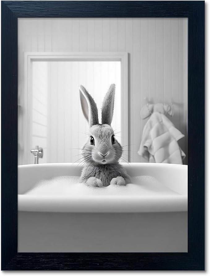 Melpa Art Kids Bathroom Wall Decor, Black and White Cute Animal Canvas Print Painting, Funny Rabbit in Bathtub Bathroom, Farmhouse Picture Wall Decor Artwork