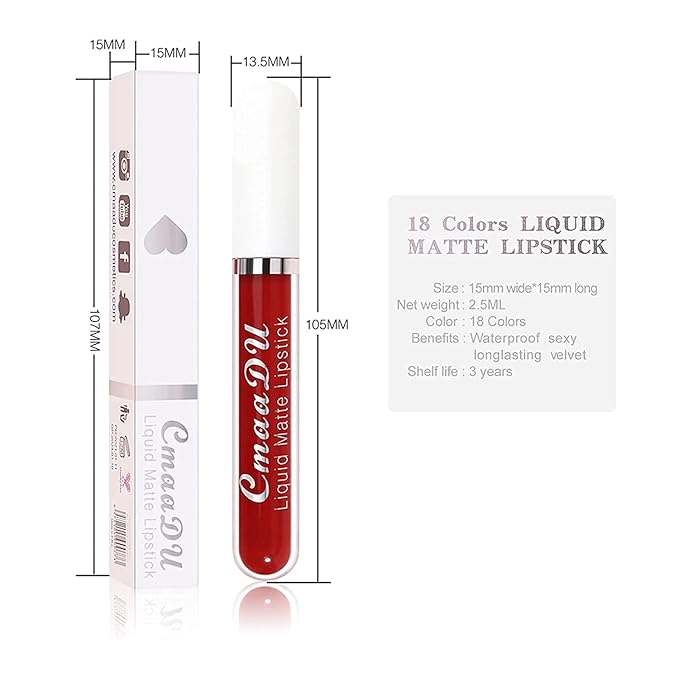 18 colors Matte Velvety Liquid Lipstick Set, Long Lasting Lip Stain Waterproof Non-Stick Cup Liquid Lipgloss Set, High Pigmented Velvet Lip Gloss Kit