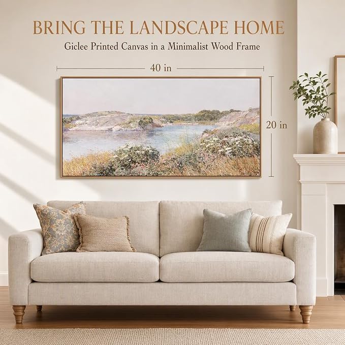 DJSYLIFE Vintage Meadow and Pond Framed Wall Art, Farmhouse Landscape | 20x40 inch Canvas Prints, Impressionist Style, Ready to Hang, Countryside Decor for Living Room, Bedroom, Above Bed