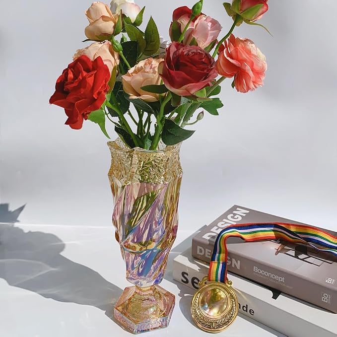 Glass Flower vase 2.4lb 9.5inch,Bohemian Style, for Centerpieces,Wedding,Home Decor Glass Vase (Sparkling Amber)