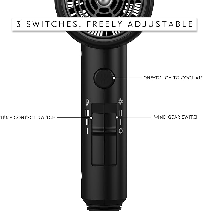 AINA Hair Dryer with Diffuser, Blow Dryer for Women | Advanced Ionic Technology, Ceramic Coating | Cold Shot Features Turbo Heat for Fast Drying and Shine 110V/ALCI (Vader Black)