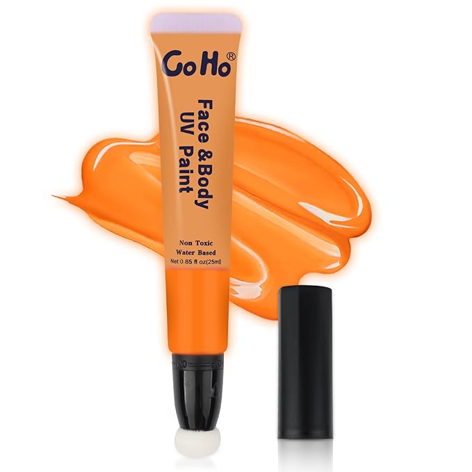 Go Ho UV Blacklight Neon Orange Face Body Paint,Water Based Bright Color Neon Fluorescent Body Paint with Cushion Applicator,Glow In The Dark Under UV Lighting Party Halloween Makeup Washable