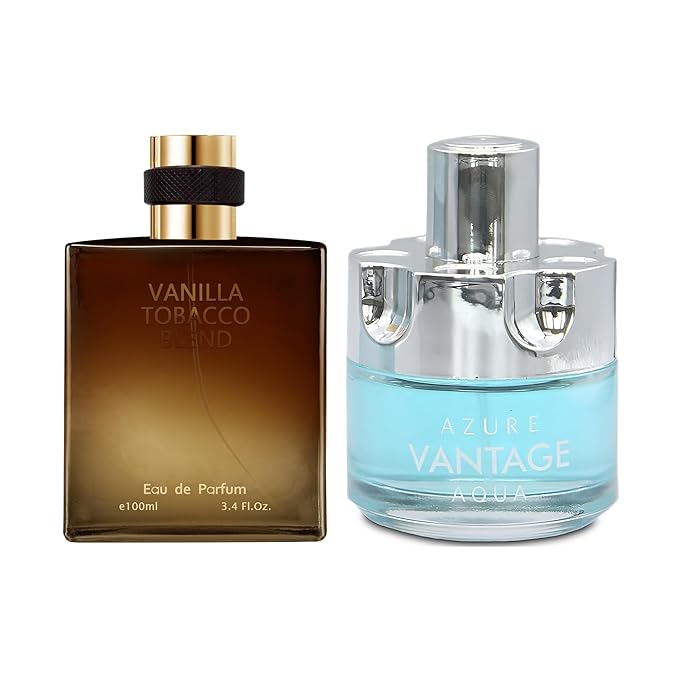 AFLUXE 2PCS Mens Perfume Cologne Long Last Strong EDP Natural Spray Gift Set, with Cocoa, Dried Fruits, Woody Fragrance for Daliy Use, 3.4 Fl Oz / 100 mL Each (Azure Aqua & Vanilla Tobacco)