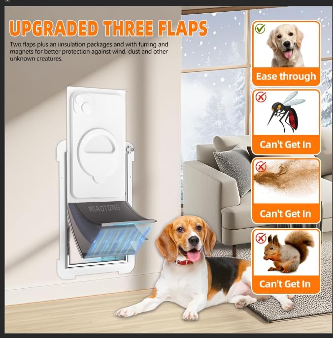 MIAOTONG Steel Dog Door for Wall, 3-Flap, Sturdy and Durable, Medium | Energy Efficient Pet Door with Steel Frame, Telescoping Tunnel,Never Rust Ruff Weather Doggie Door（Pets Up to 40 Lb）