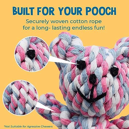 SunGrow Teddy Bear Puppy Teething Toy, Durable Tug and Chew Play for Small & Medium Dogs, Knotted Rope Cotton Design for Teething Comfort, Interactive Training, Active Pet, & Oral Cleaning