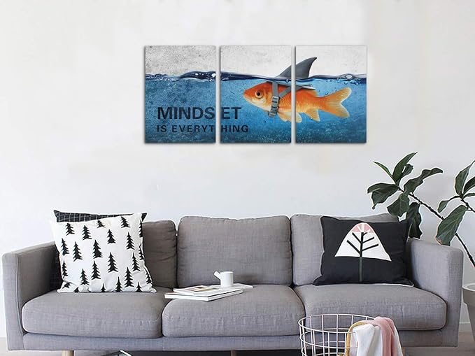 3 Panels Modern Framed Inspirational Canvas Wall Art Goldfish Body Strong Shark Heart Mindset is Everything Motivational Wooden Decor Posters for Office Gym Classroom Home Decoration(60''W x 28''H)