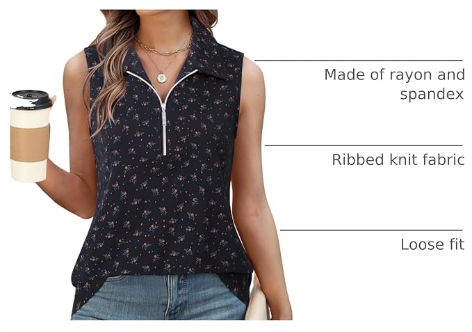 Vivilli Womens Ribbed Tank Top Zipper V Neck Dressy Casual Blouses Sleeveless Camisole Tops Work Tank Polo Shirts