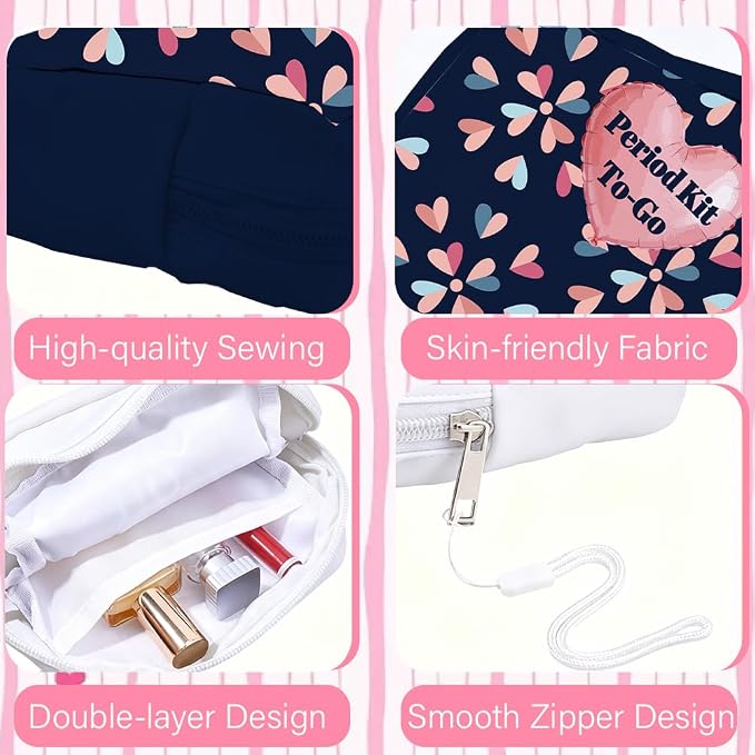 Period Bag Pouch 5.12 x 5.12 x 1.57 Inch Sanitary Napkin Storage Bag with Zipper Heart Portable Reusable Waterproof Polyester Menstrual Pad Pouch First Period Gifts for Women Daily Use