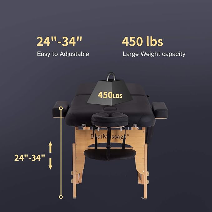 BestMassage Massage Bed Portable Massage Table 28 inch Wide Lash Bed Height Adjustable PU Leather 2 Folding with Towel Hanger Oil Pouch Half Bolster Round Bolster Non-Woven Bag