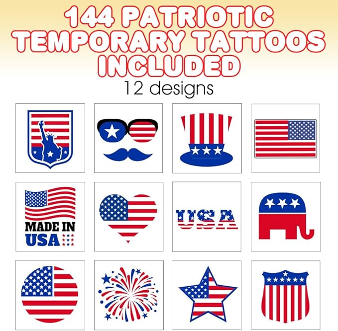 ArtCreativity American USA Patriotic Individual Tattoos for Kids (Pack of 144) Non-Toxic 1.5 Inch Pre-Cut Temporary Tattoos - Red White and Blue, July 4th Labor Day Tattoo Party Favors and Accessories
