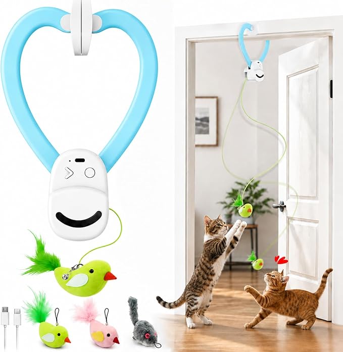 Interactive Cat Toys for Indoor Cats, Clip-On Automatic Flying Bird | USB Rechargeable Self-Play with Interchangeable Bird & Mouse Attachments for Bored Kittens and Adult Cats
